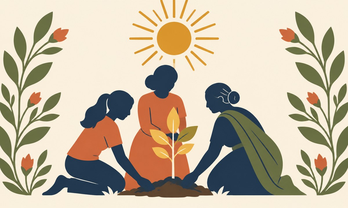 Women of different generations planting a golden sapling together